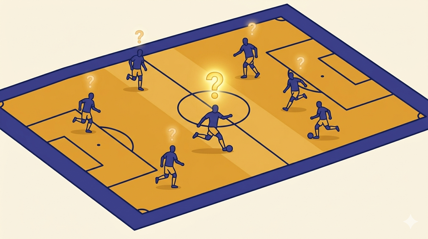 Illustration of footballers on a pitch with question marks above their heads