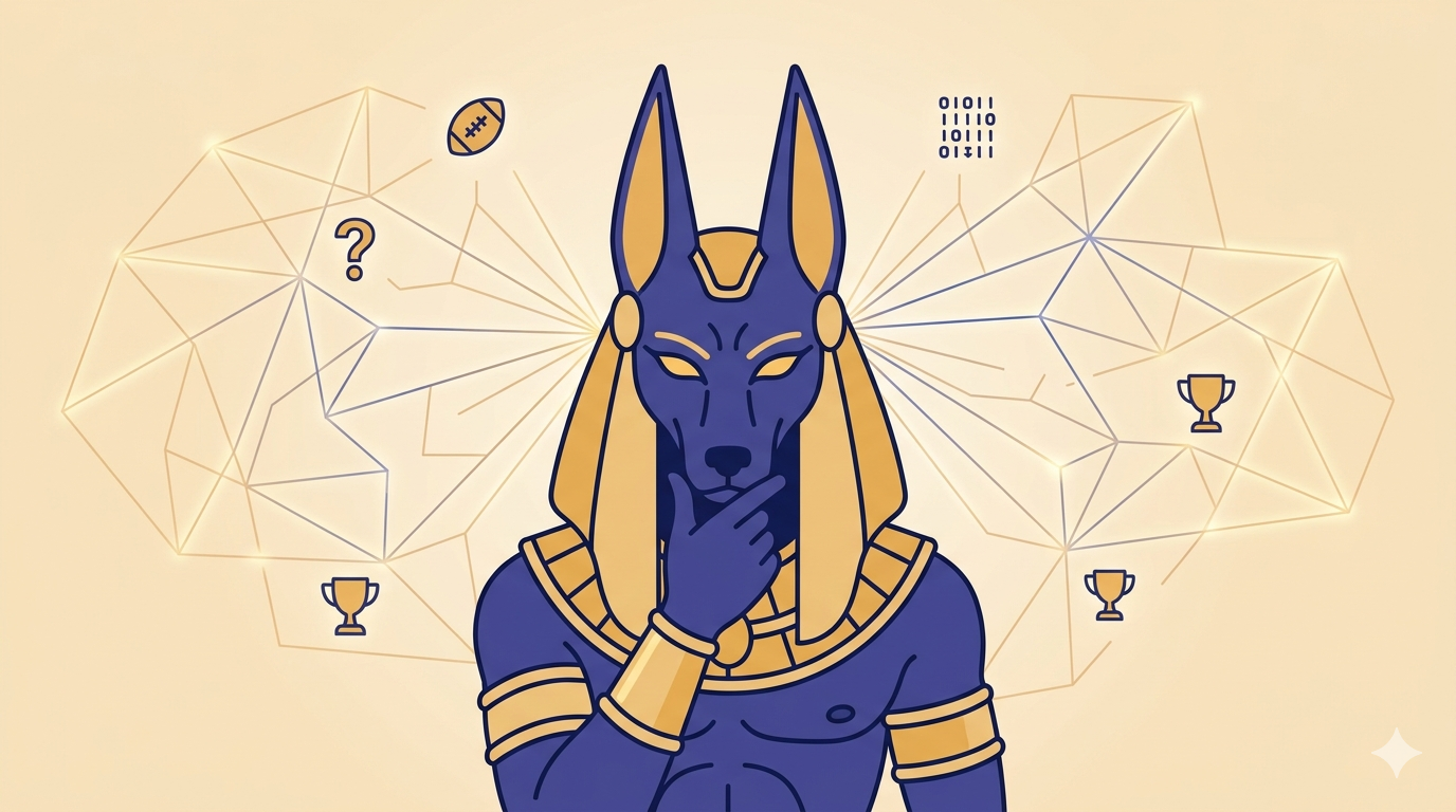 Illustration of the Anubis mascot thinking, surrounded by football icons and a decision-tree network