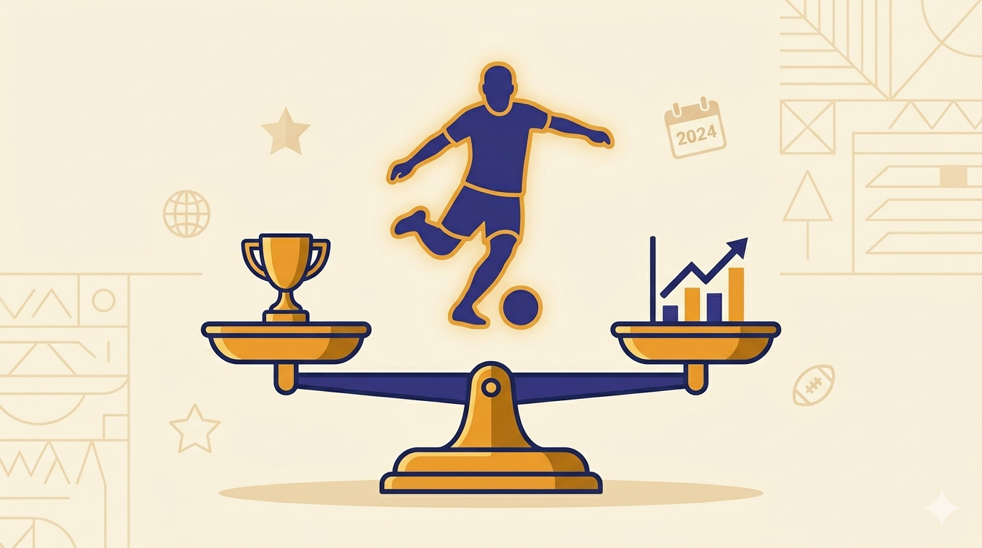 Illustration of a footballer balanced on a scale between a trophy and a stats chart